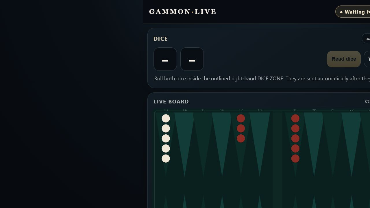 Visor de partida de Gammon Live con un tablero sincronizado